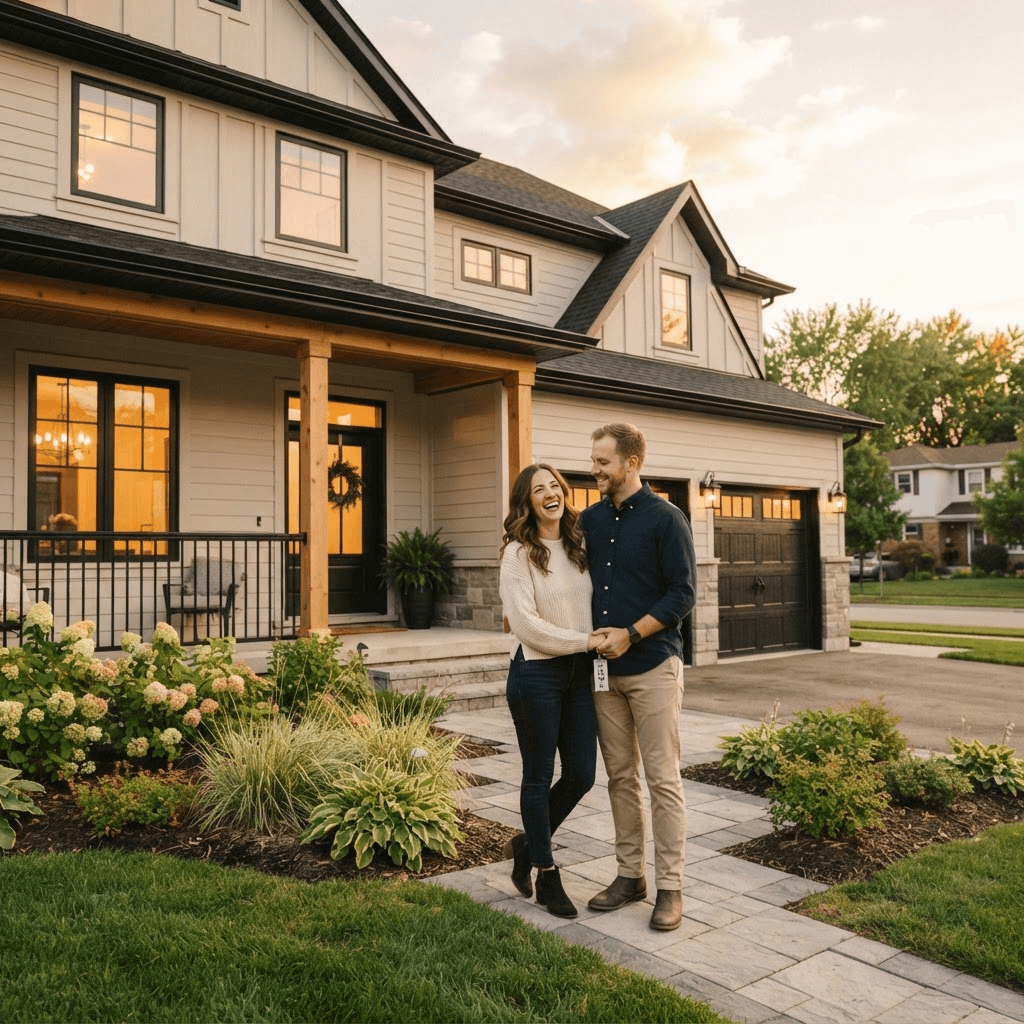New construction homebuyer standing in front of a newly built home